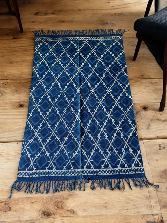 Square Handblock Print Blue Cotton Rug