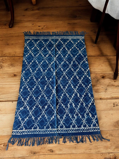Square Handblock Print Blue Cotton Rug