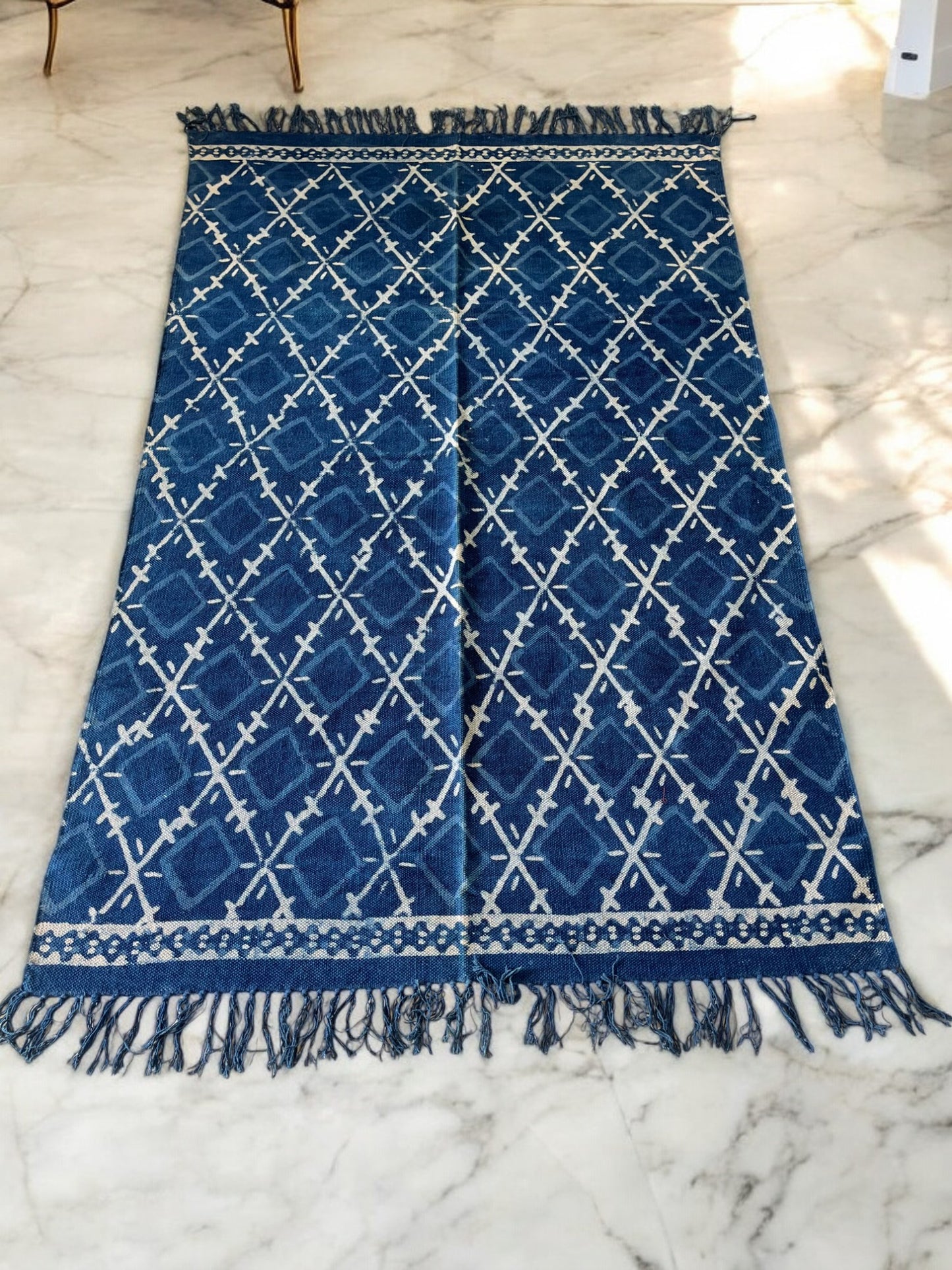 Square Handblock Print Blue Cotton Rug