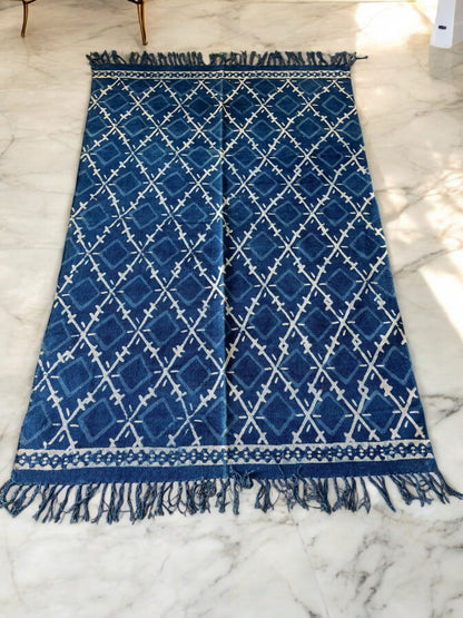 Square Handblock Print Blue Cotton Rug