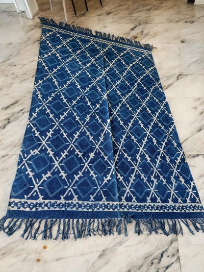 Square Handblock Print Blue Cotton Rug