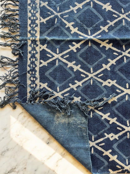 Square Handblock Print Blue Cotton Rug
