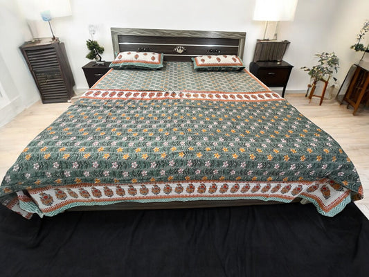 Green Floral Printed Double Bed Dohar