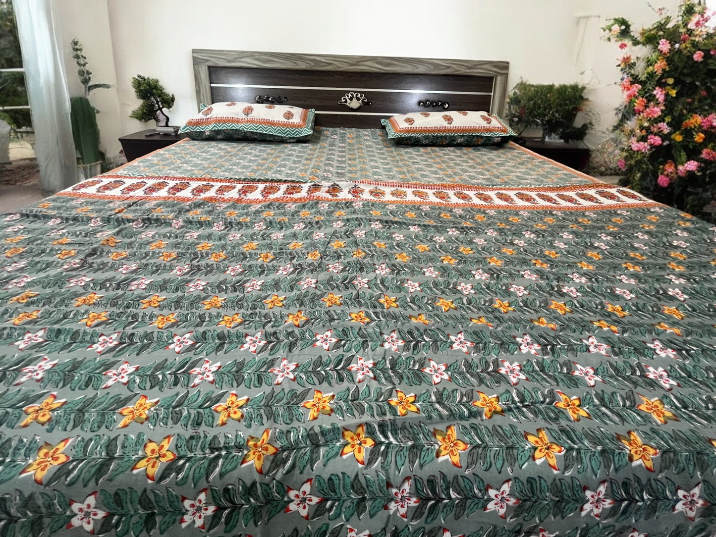 Green Floral Printed Double Bed Dohar