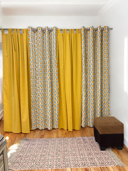 Handblock Yellow Floral Curtain Set of 2