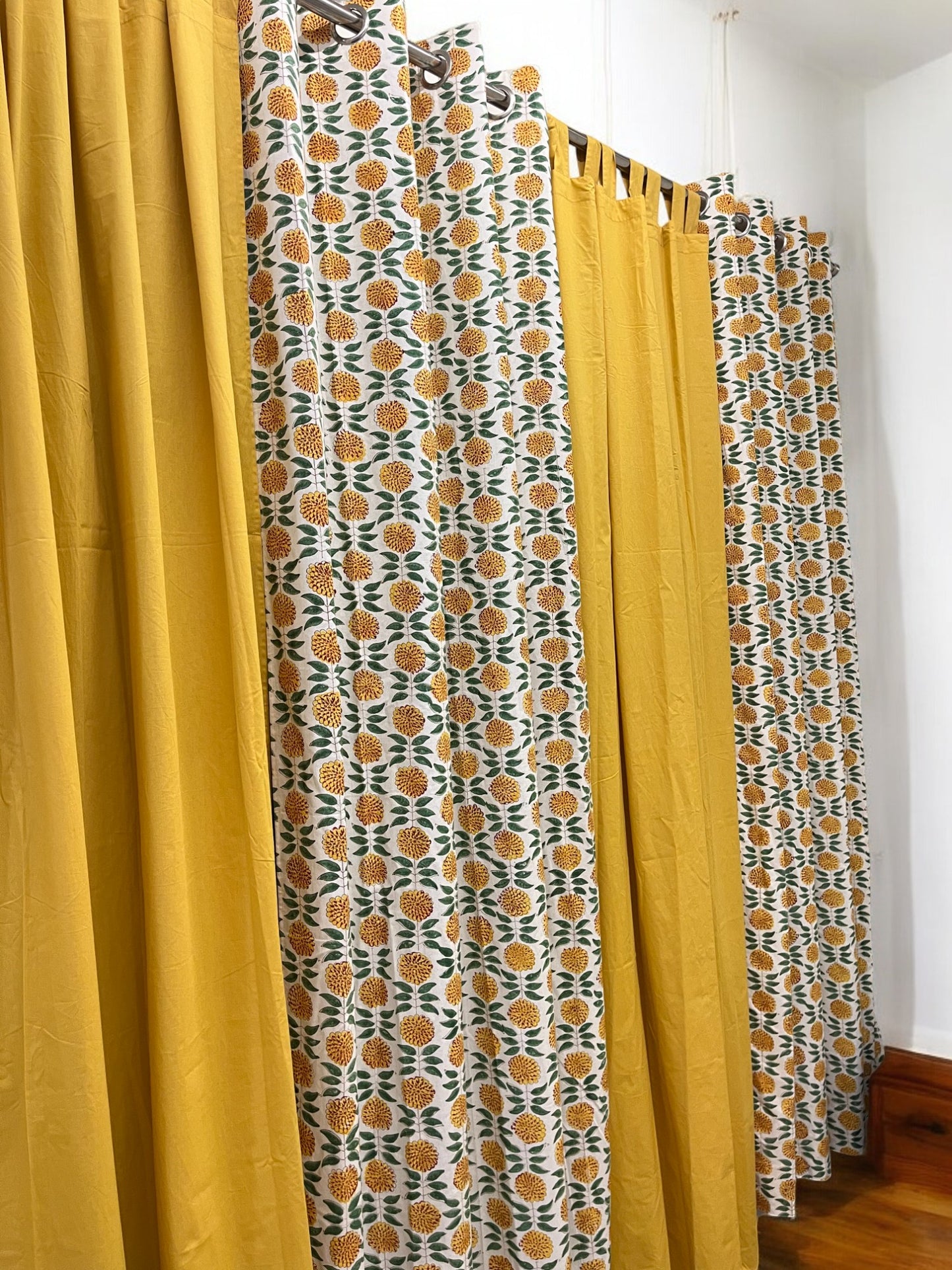 Handblock Yellow Floral Curtain Set of 2