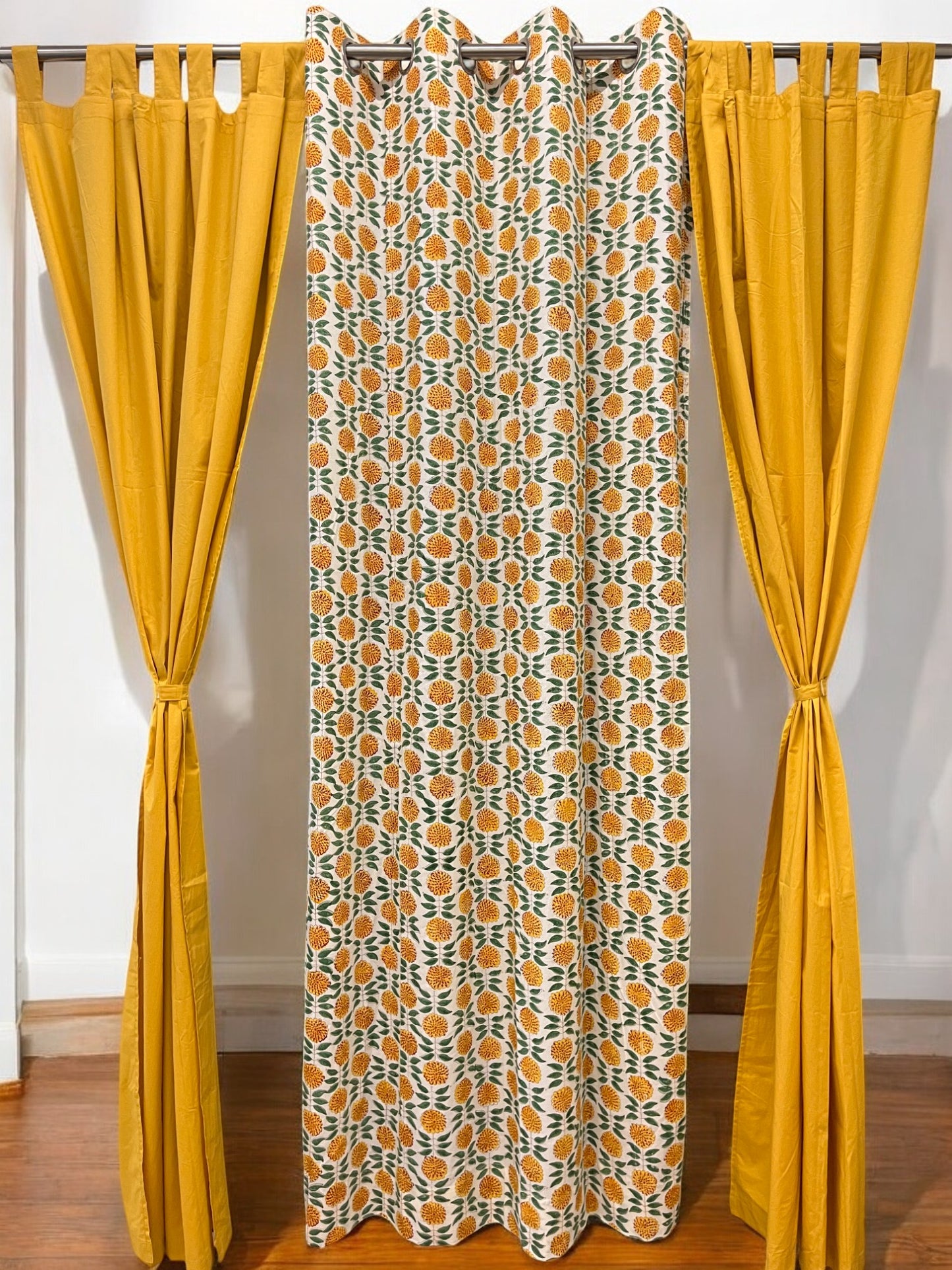 Handblock Yellow Floral Curtain Set of 2