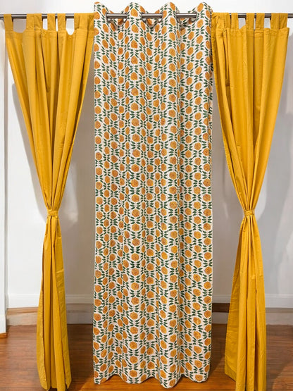 Handblock Yellow Floral Curtain Set of 2