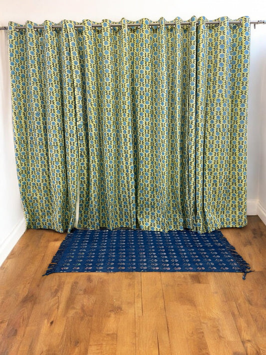 Handblock Green Curtain Set of 2 (7 Feet)