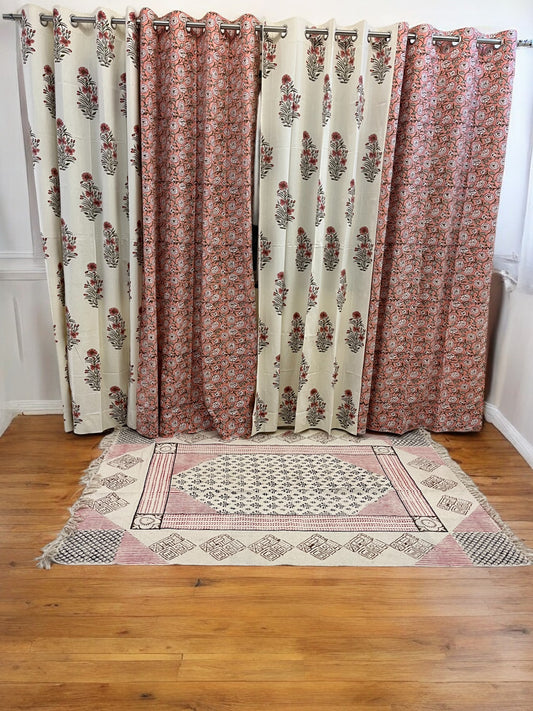Peach Handblock Floral Cotton Curtains