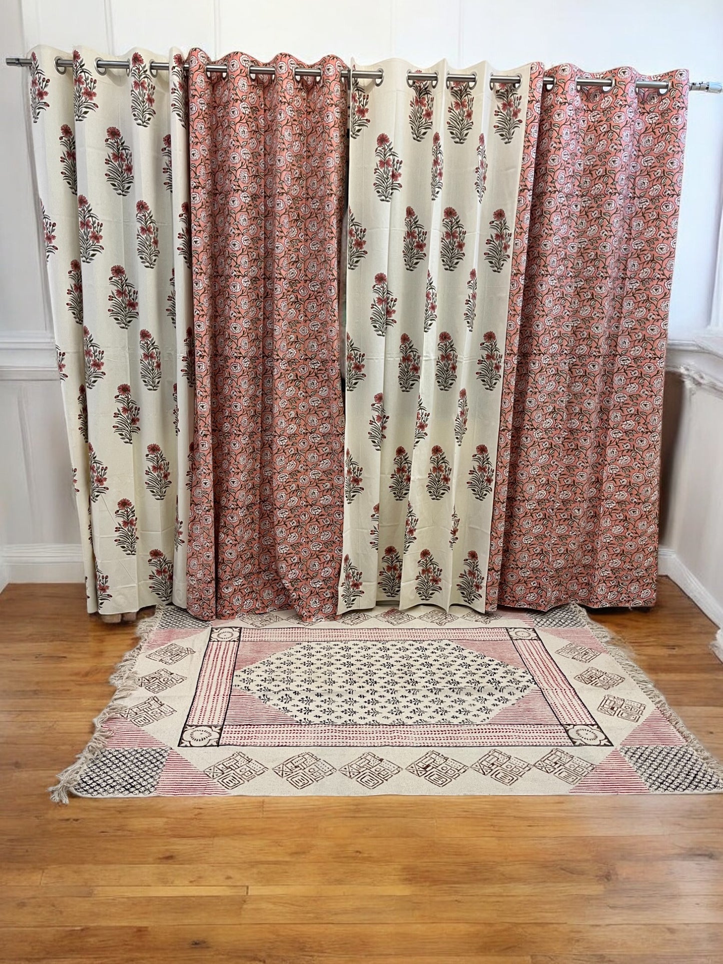 Beige Handblock Floral Cotton Curtains (7 Ft set of 2)