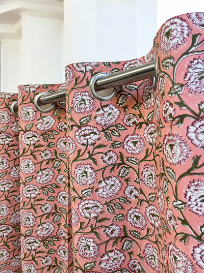 Peach Handblock Floral Cotton Curtains