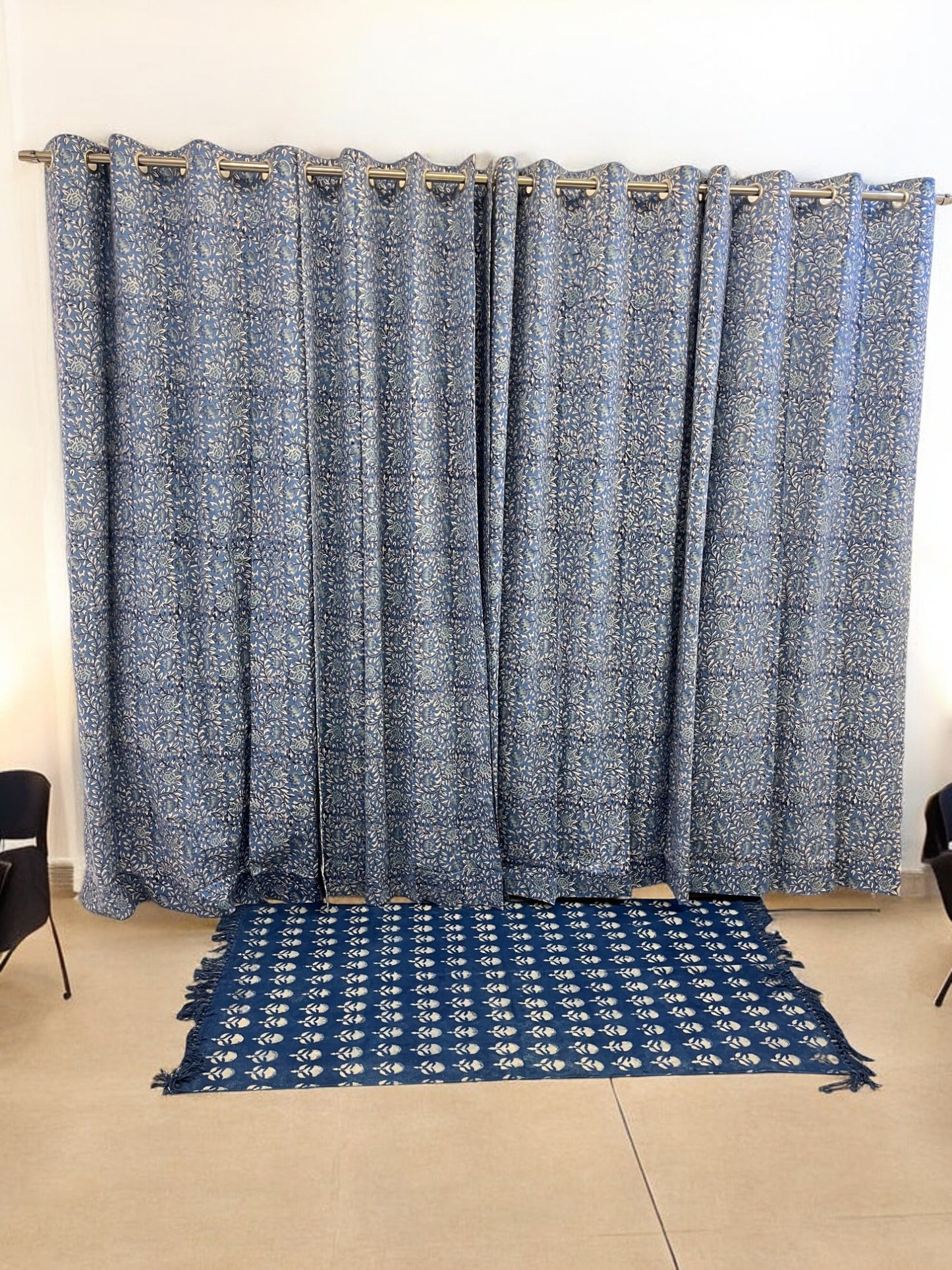 Handblock Blue Curtain Set of 2 (7 Feet)