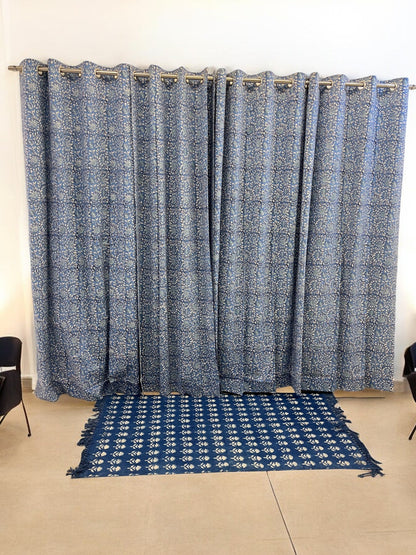 Handblock Blue Curtain Set of 2 (7 Feet)