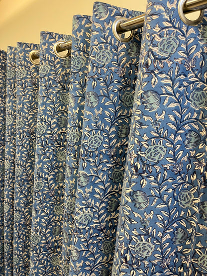 Handblock Blue Curtain Set of 2 (7 Feet)