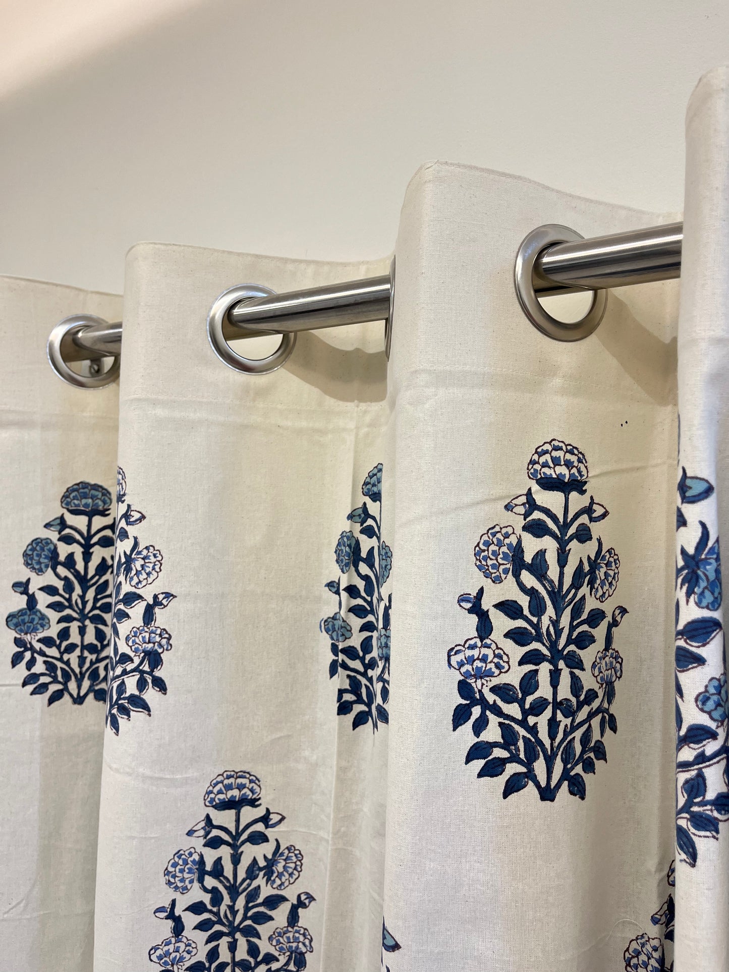 Handblock White and Blue Curtain Set of 2 (7 Feet)
