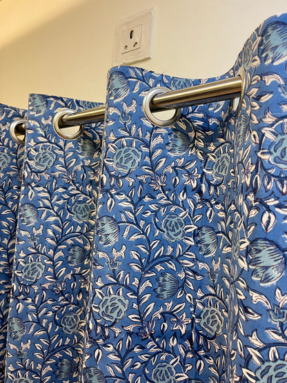 Handblock Blue Curtain Set of 2 (7 Feet)