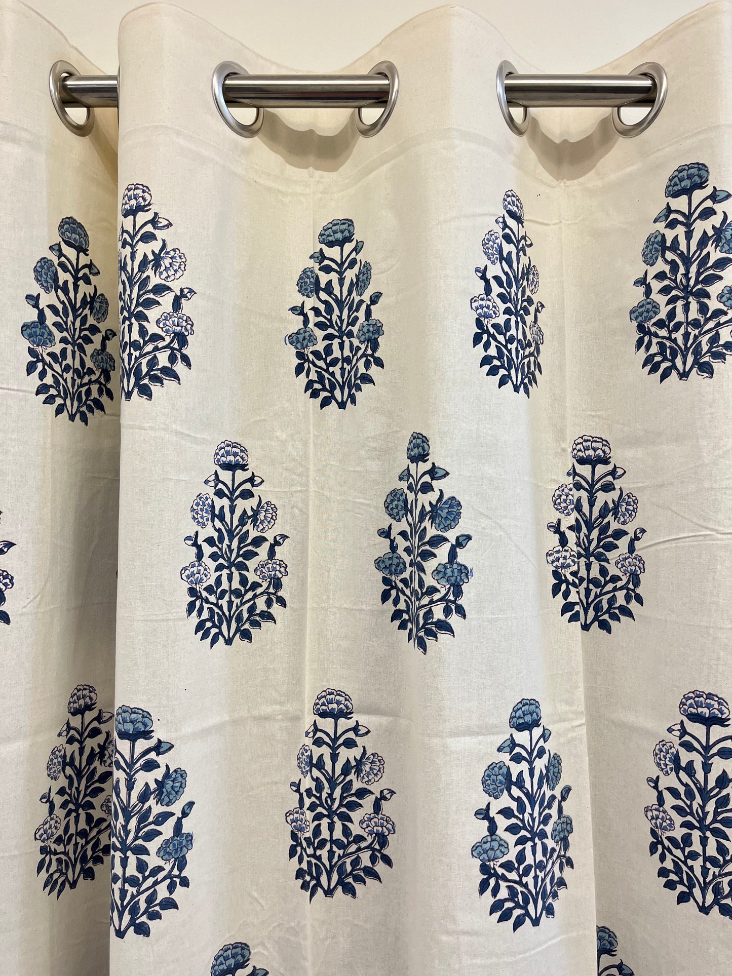 Handblock White and Blue Curtain Set of 2 (7 Feet)