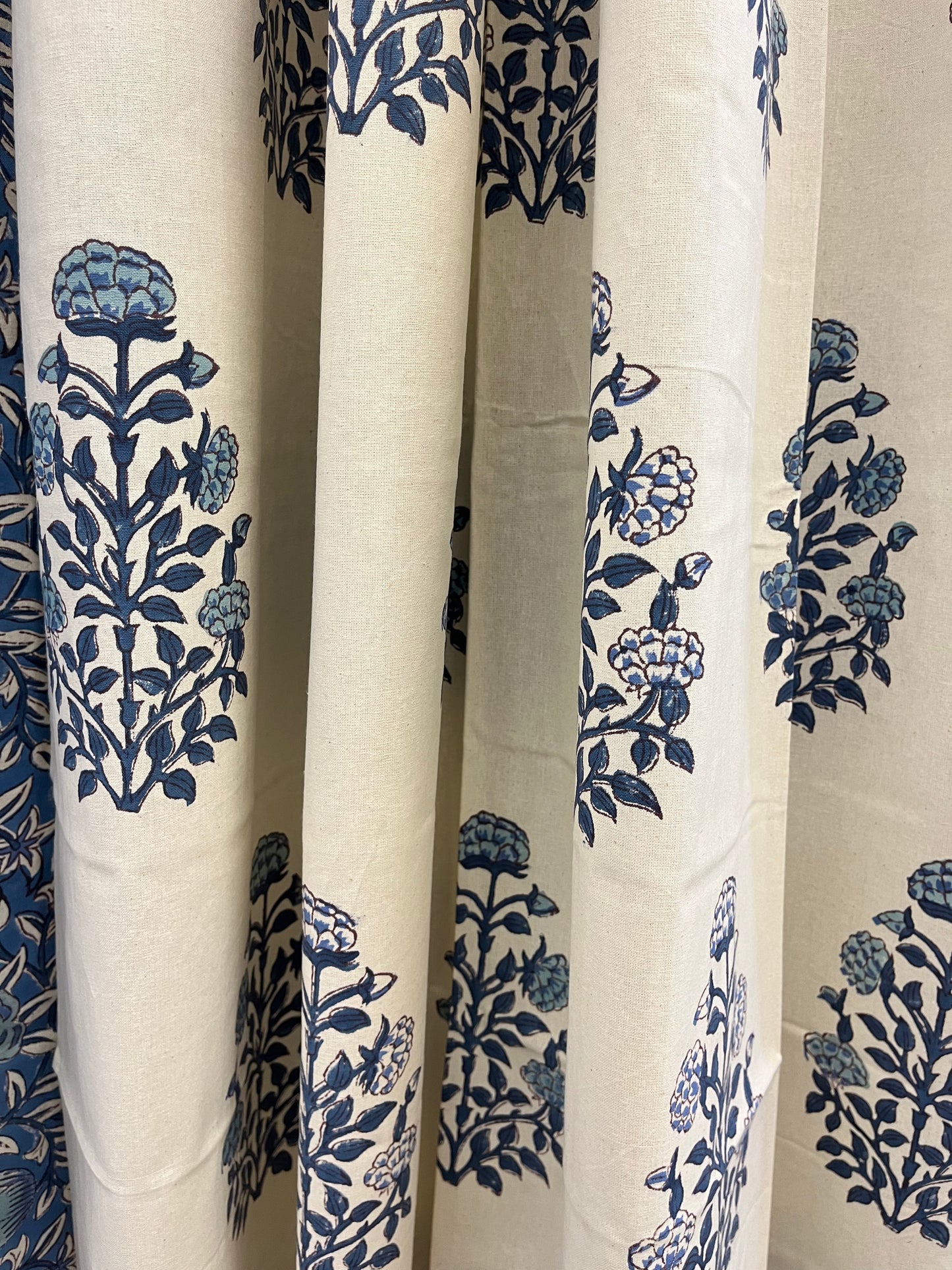Handblock White and Blue Curtain Set of 2 (7 Feet)