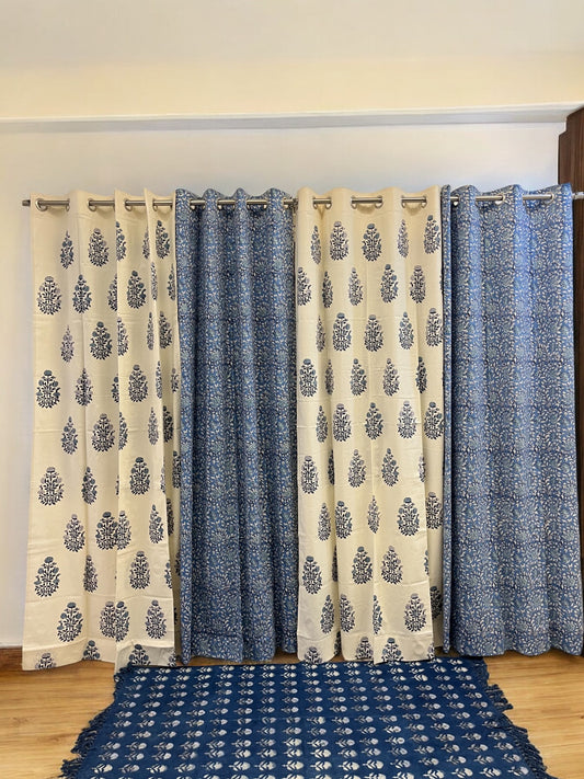 Handblock White and Blue Curtain Set of 2 (7 Feet)