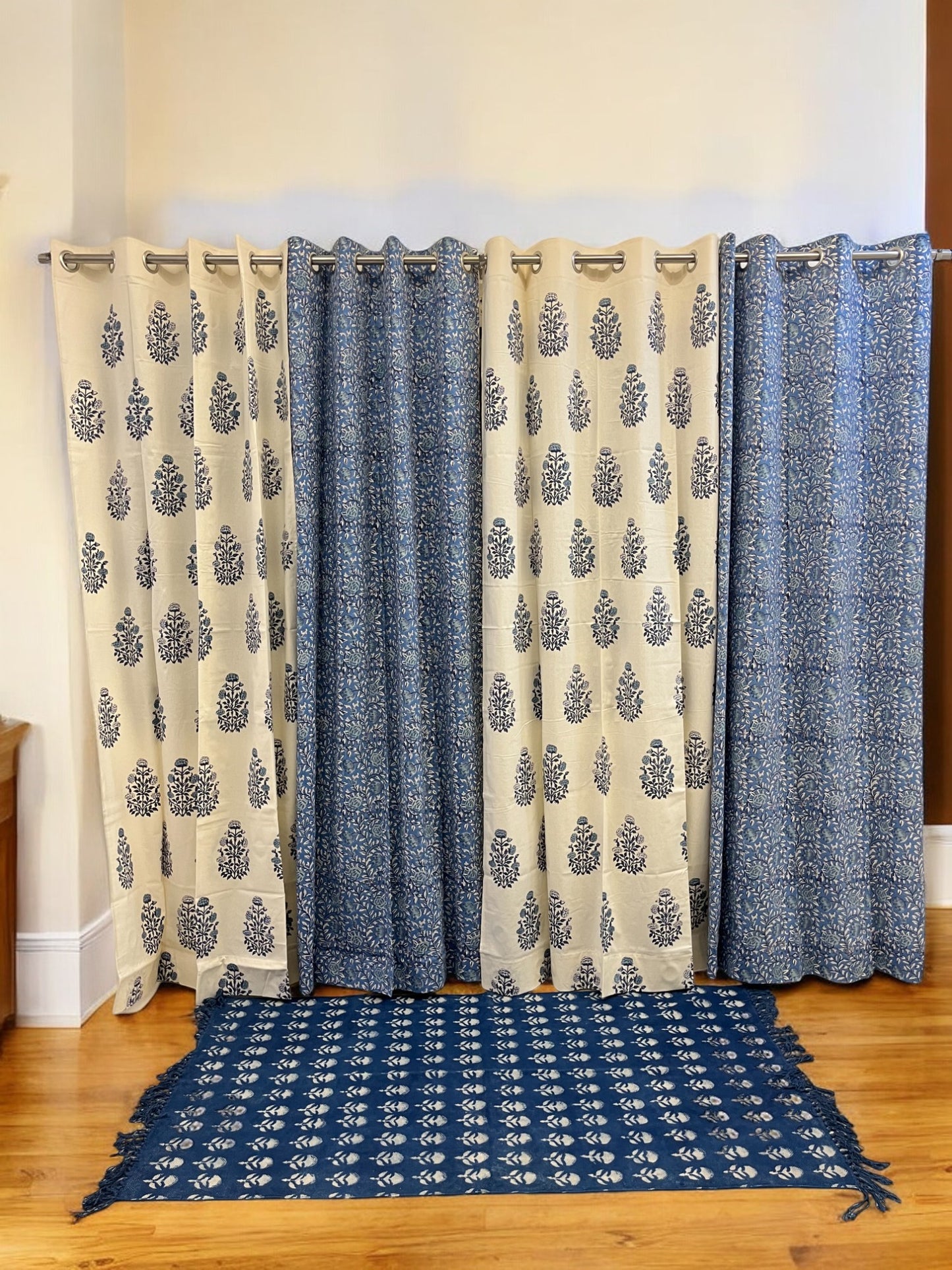 Handblock White and Blue Curtain Set of 2 (7 Feet)