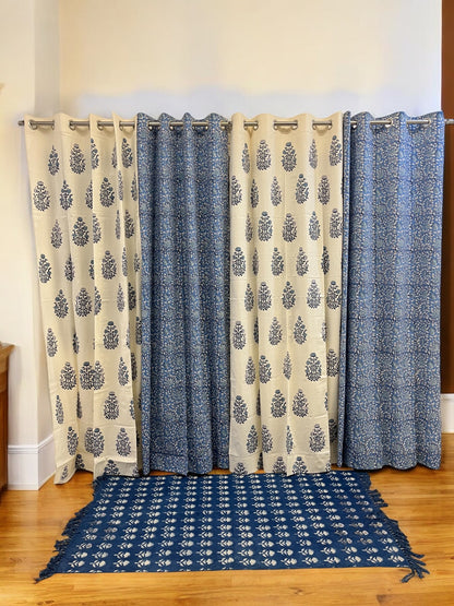 Handblock White and Blue Curtain Set of 2 (7 Feet)