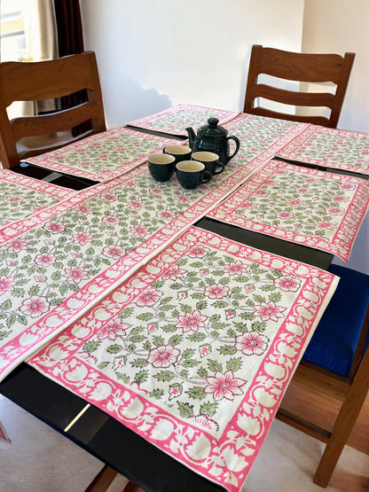 Pink Floral Green Leaf Pure Cotton Rajasthani Handblock Table Runner and Mats set of 6