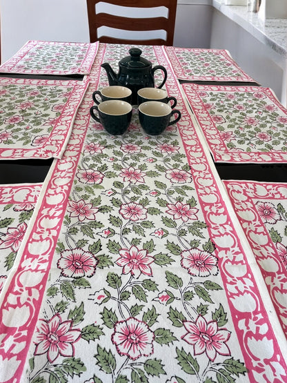 Pink Floral Green Leaf Pure Cotton Rajasthani Handblock Table Runner and Mats set of 6