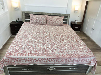 Handblock Peach Floral Double Bedsheet