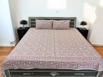Handblock Peach Floral Double Bedsheet