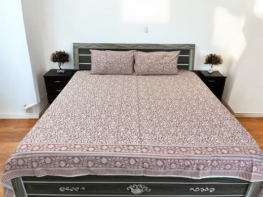 Handblock Peach Floral Double Bedsheet