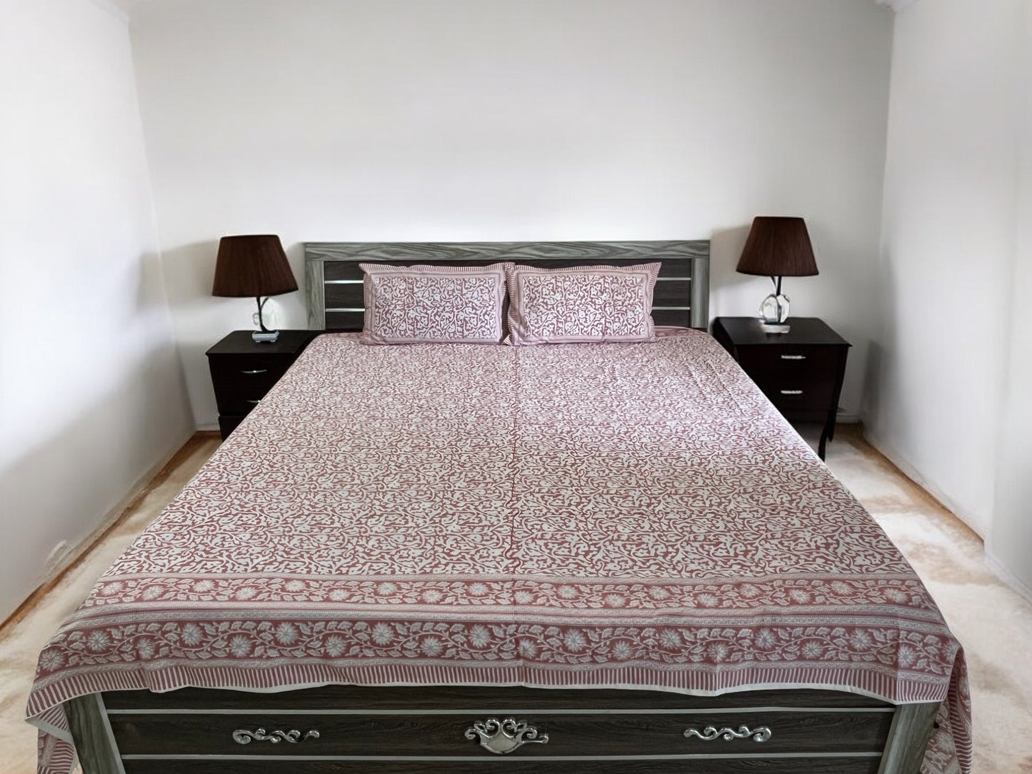 Handblock Peach Floral Double Bedsheet