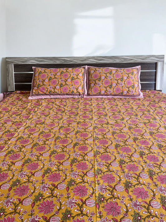 Handblock Yellow and Pink Floral Double Bedsheet