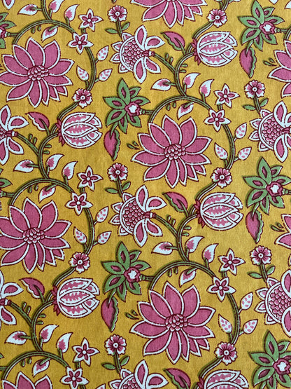 Handblock Yellow and Pink Floral Double Bedsheet