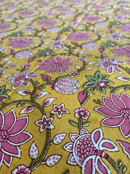 Handblock Yellow and Pink Floral Double Bedsheet