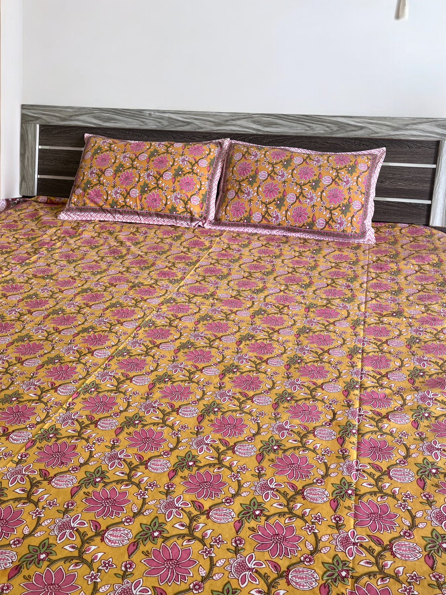 Handblock Yellow and Pink Floral Double Bedsheet