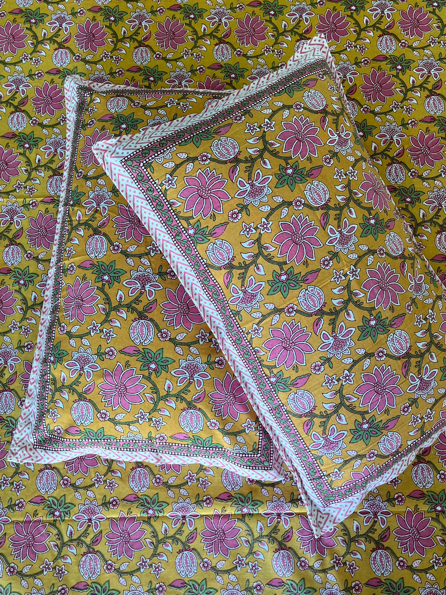 Handblock Yellow and Pink Floral Double Bedsheet