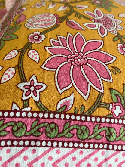 Handblock Yellow and Pink Floral Double Bedsheet