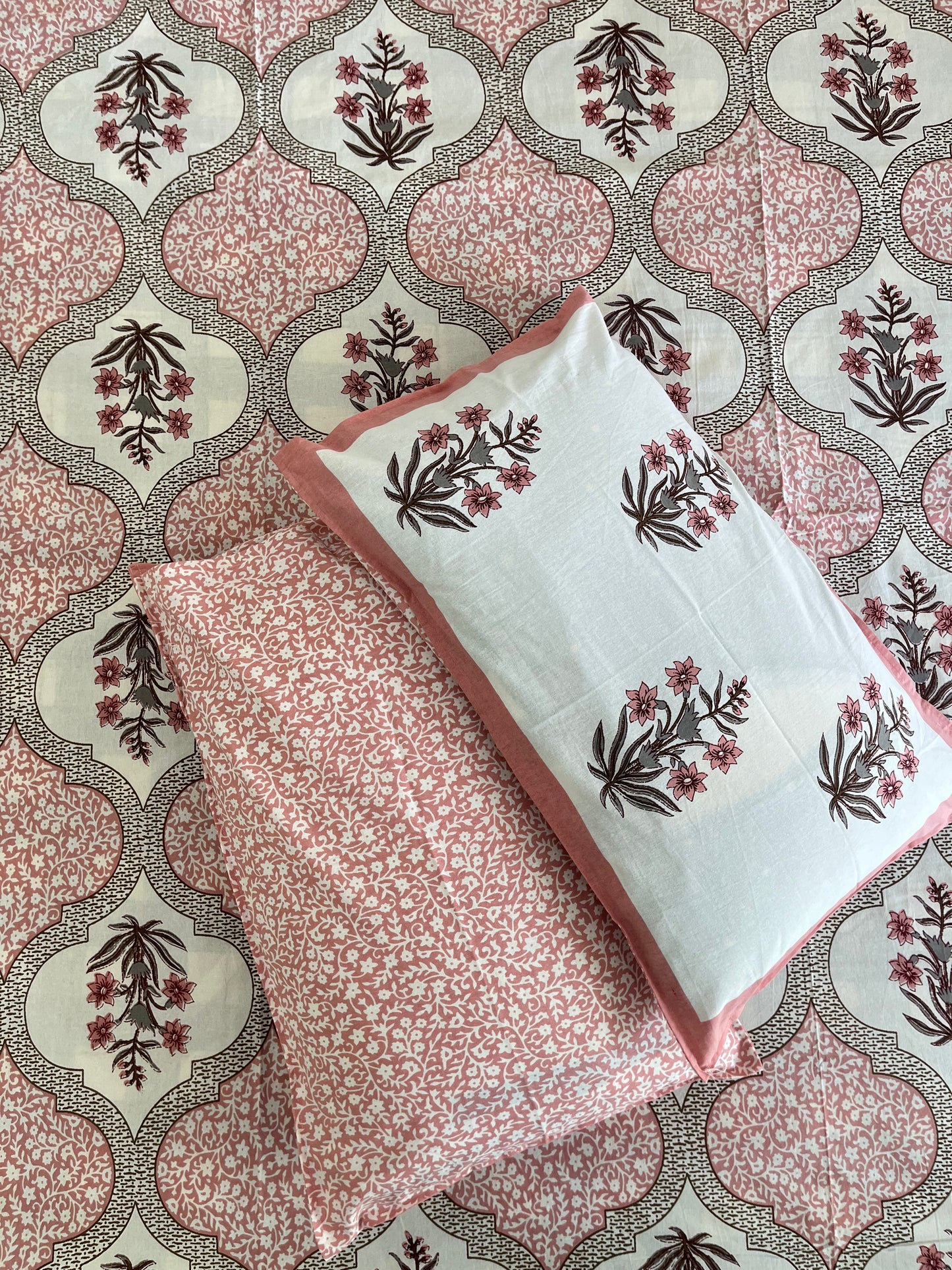 Handblock Pink Floral Double Bedsheet