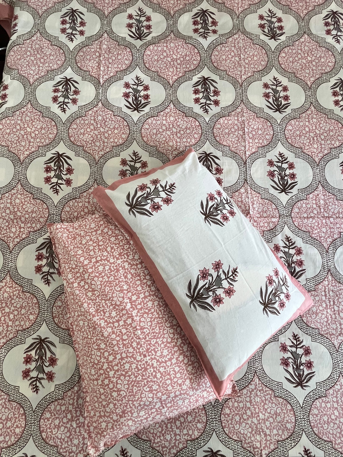 Handblock Pink Floral Double Bedsheet