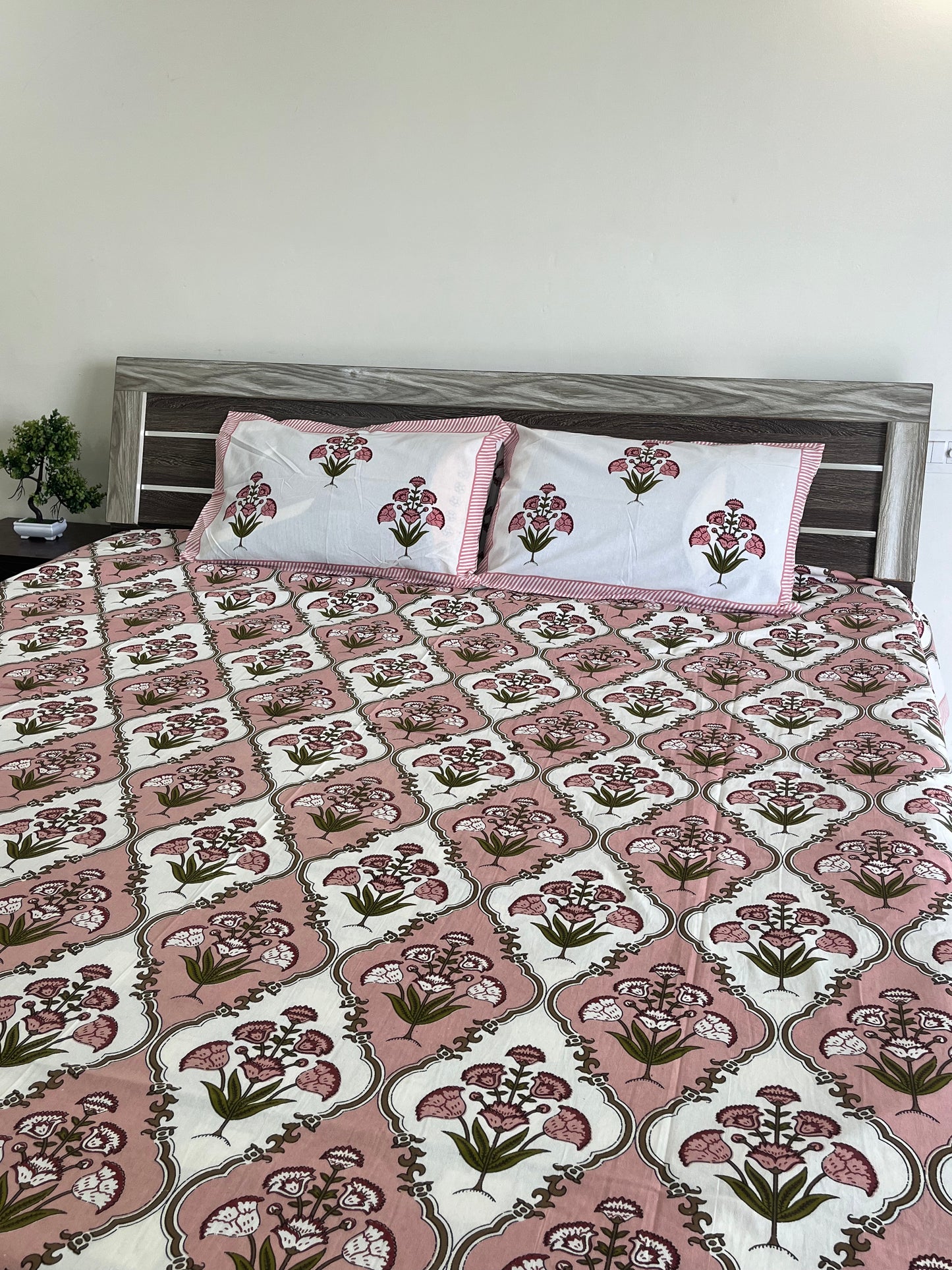 Handblock Peach Floral Double Bedsheet