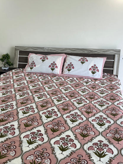 Handblock Peach Floral Double Bedsheet