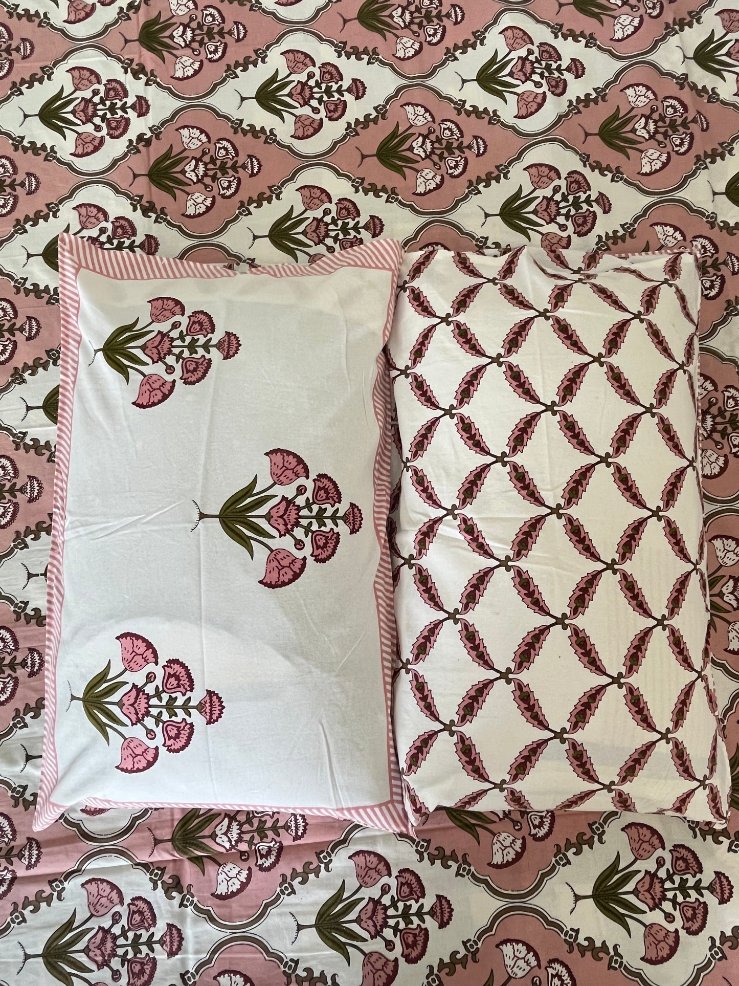 Handblock Peach Floral Double Bedsheet