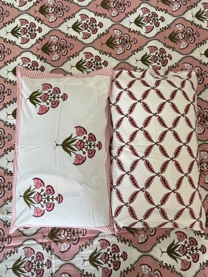 Handblock Peach Floral Double Bedsheet