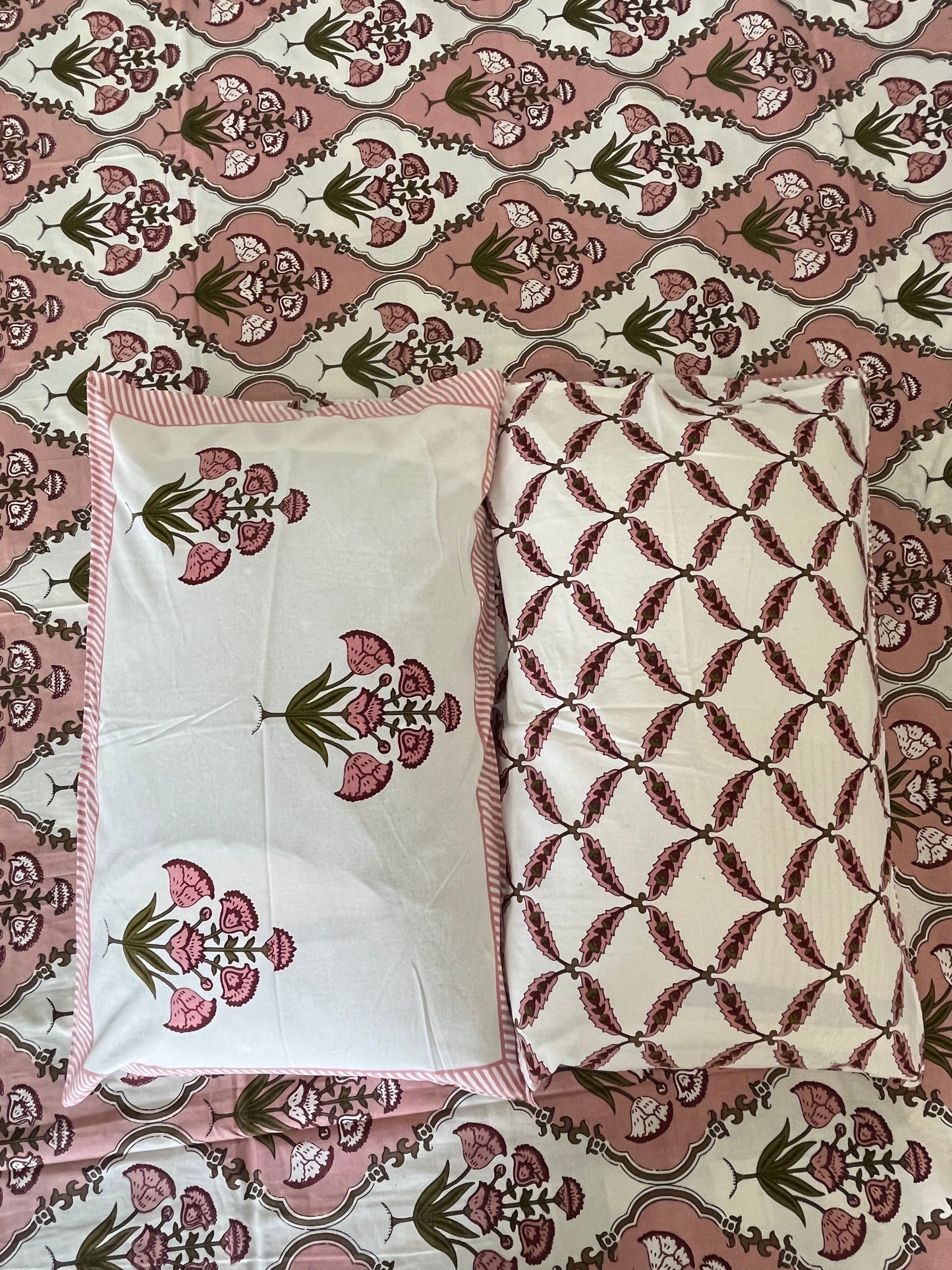 Handblock Peach Floral Double Bedsheet