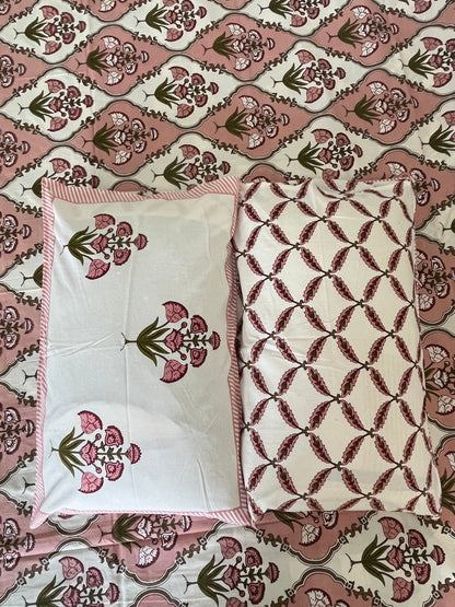 Handblock Peach Floral Double Bedsheet