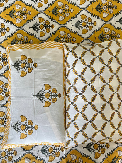 Handblock Yellow and White Patchwork Double Bedsheet