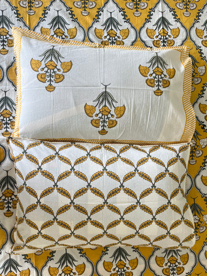 Handblock Yellow and White Patchwork Double Bedsheet