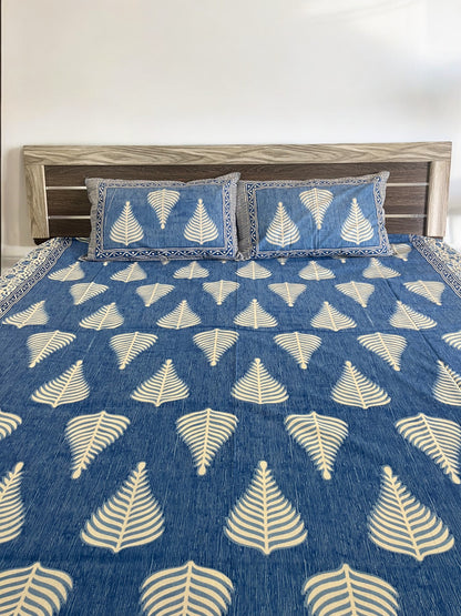 Blue Palm Leaf Double Bedsheet with 2 Pillow Cover