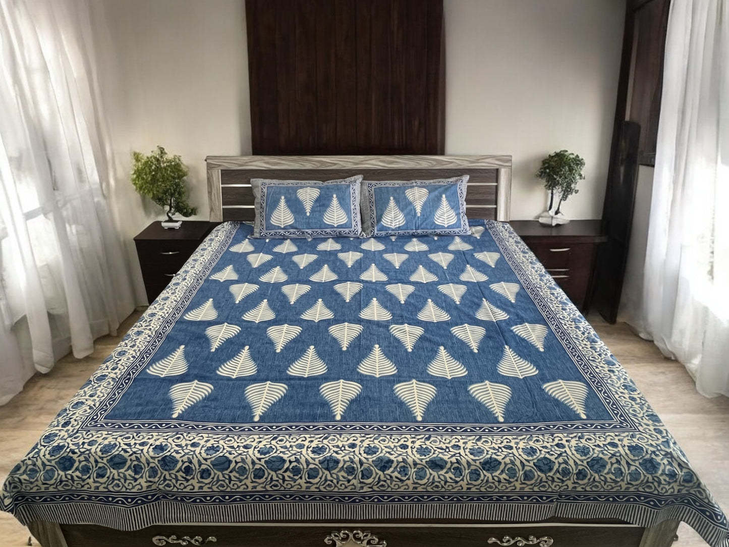 Blue Palm Leaf Double Bedsheet with 2 Pillow Cover